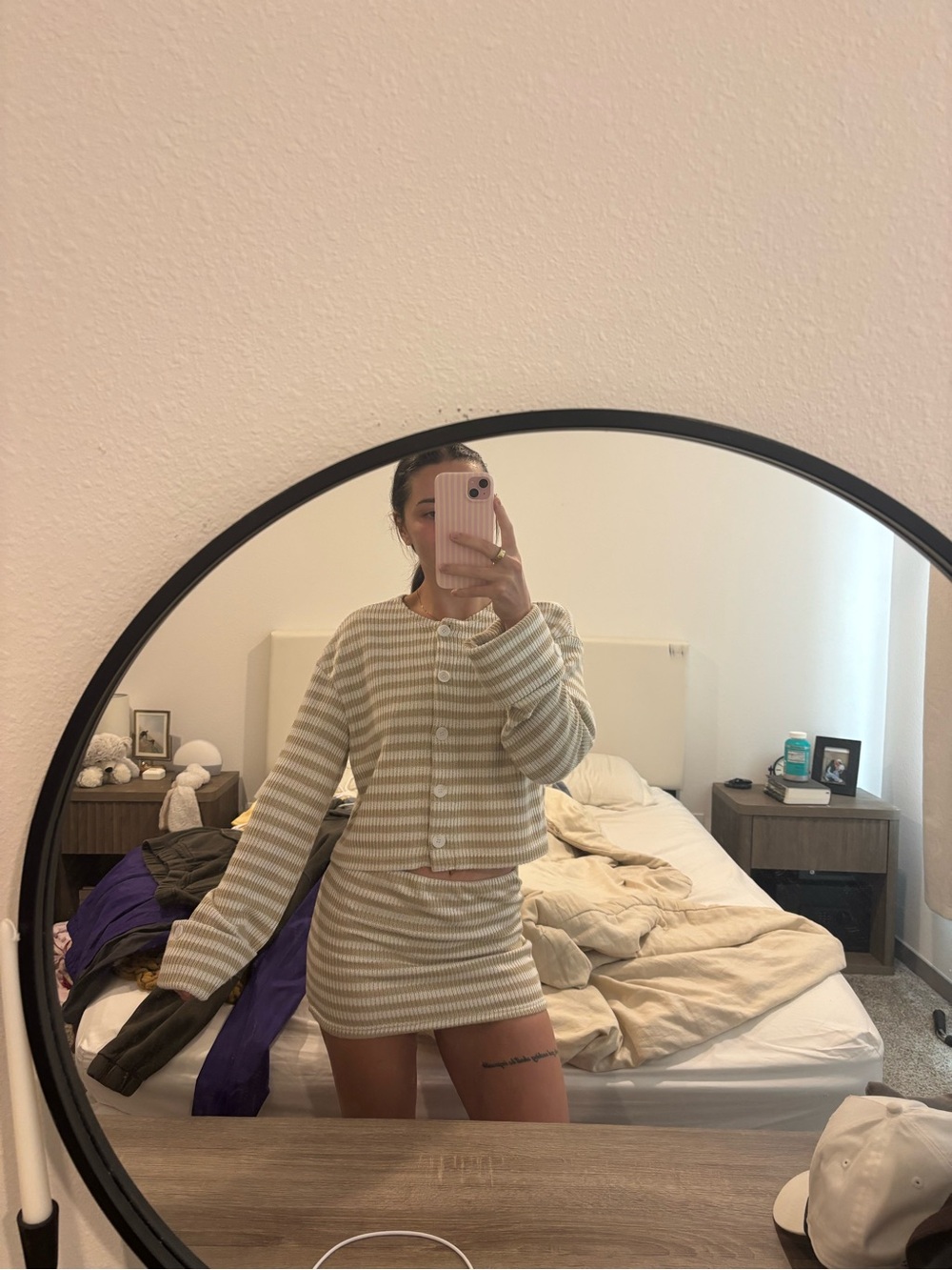 Missguided + Brown and Cream Striped Knit Mini Skirt and Sweater Set
